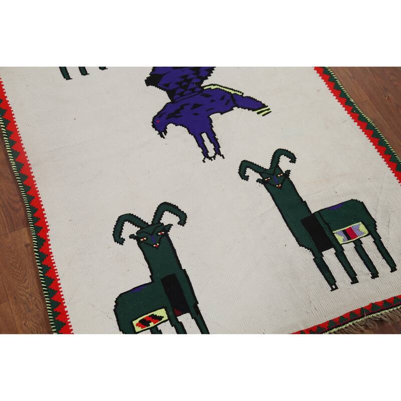 Animals Tribal Kilim Persian Vintage Foyer Rug Hand-Woven Wool Carpet - 2'10"x 4'3"