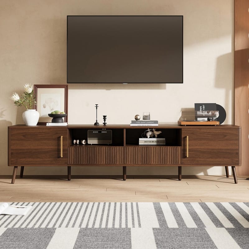 78" TV Stand for TVs up to 85", Modern Entertainment Center with Soft-Close Doors & Open Shelf - Walnut