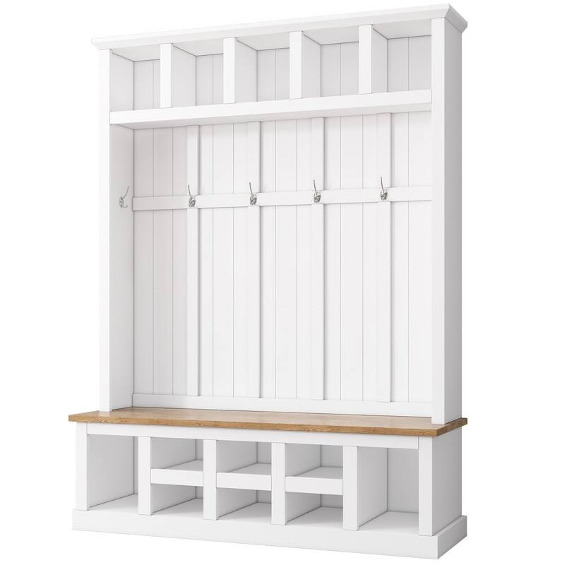 Multifunctional Hall Tree with Storage Bench, Coat Rack with 6 Hooks and Shoe Cubbies, Entryway Shoe Cabinet w/ 13 Compartments