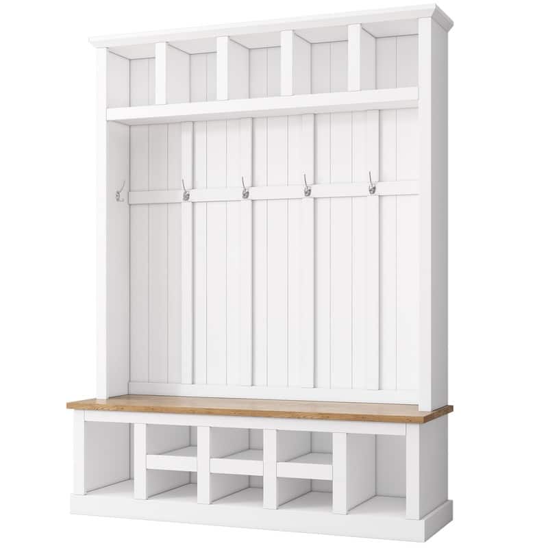 Wide Hall Tree with Shoe Storage Bench, Entryway Shoe Cabinet with 13 Compartments, Elegant Coat Rack w/ 6 Hooks & Shoe Cubbies