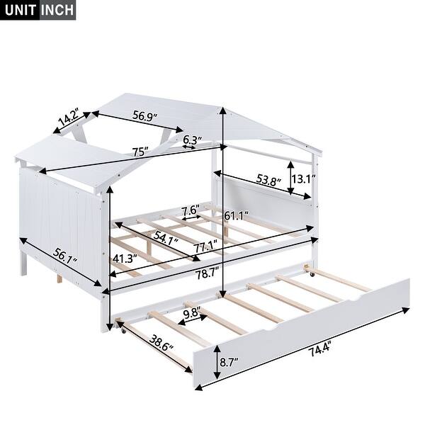 White Full Size Solid Wood House Bed with Trundle & Storage