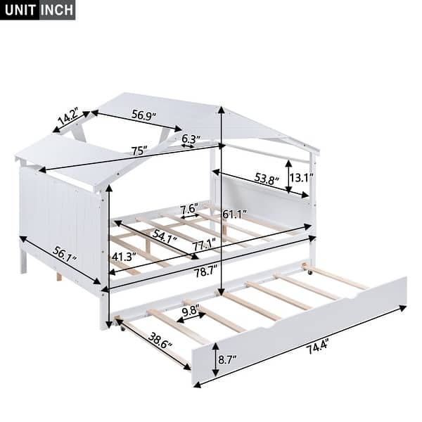 White Full Size Solid Wood House Bed with Trundle and Storage for for Kids, Boys and Girls