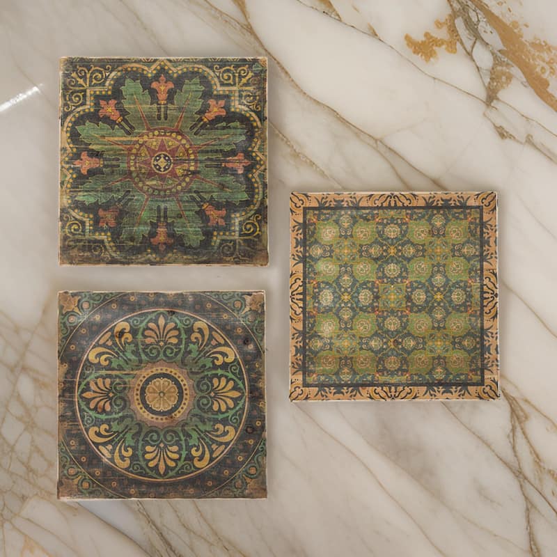24 x 24 Decorative Wall Art Set of 3, Square Vintage Brown, Green Designs