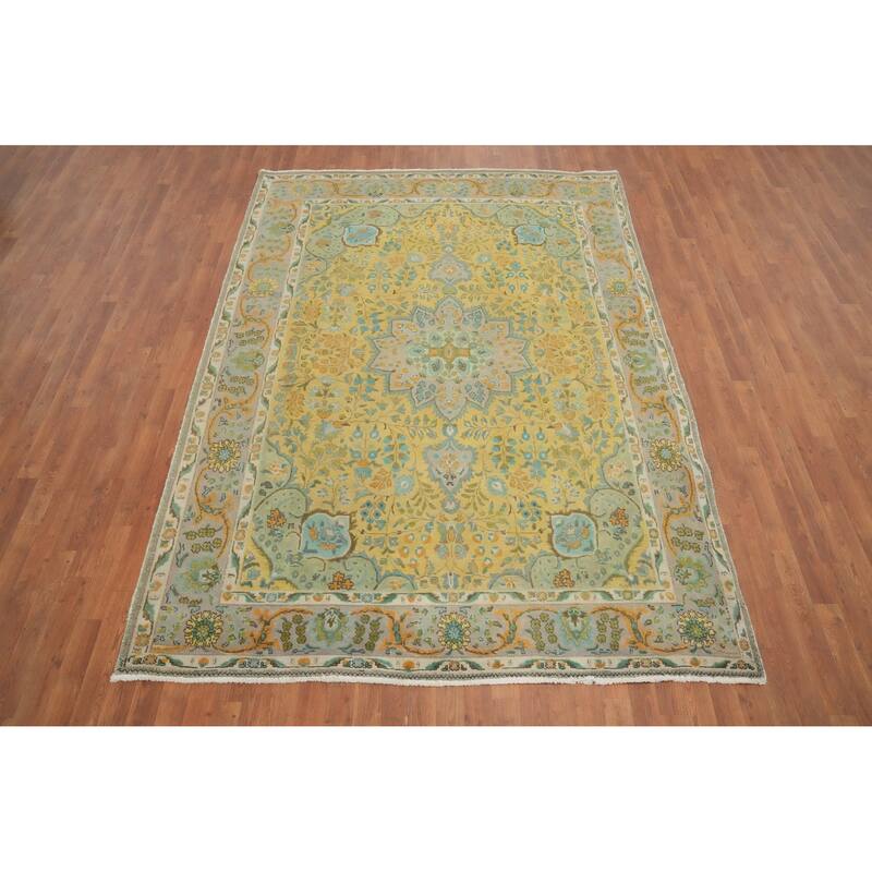 Hand Knotted Oriental 100% Wool Carpet Traditional Floral Yellow & Gold Tabriz Area Rug - 9' 4'' X 6' 8''