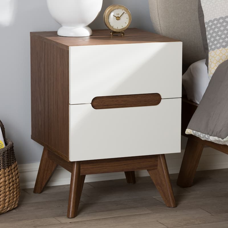 Modern 3 Drawer Nightstand - Cool White & Walnut Wood Bedside Table for Bedroom Storage