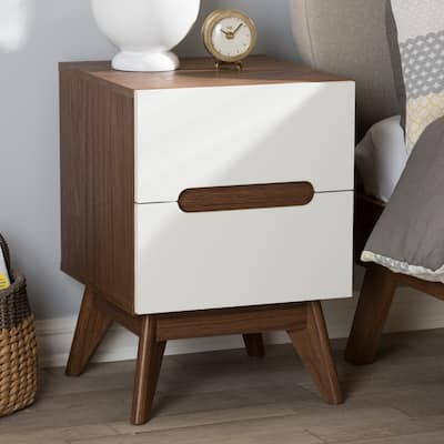 Modern 3 Drawer Nightstand - Cool White & Walnut Wood Bedside Table for Bedroom Storage