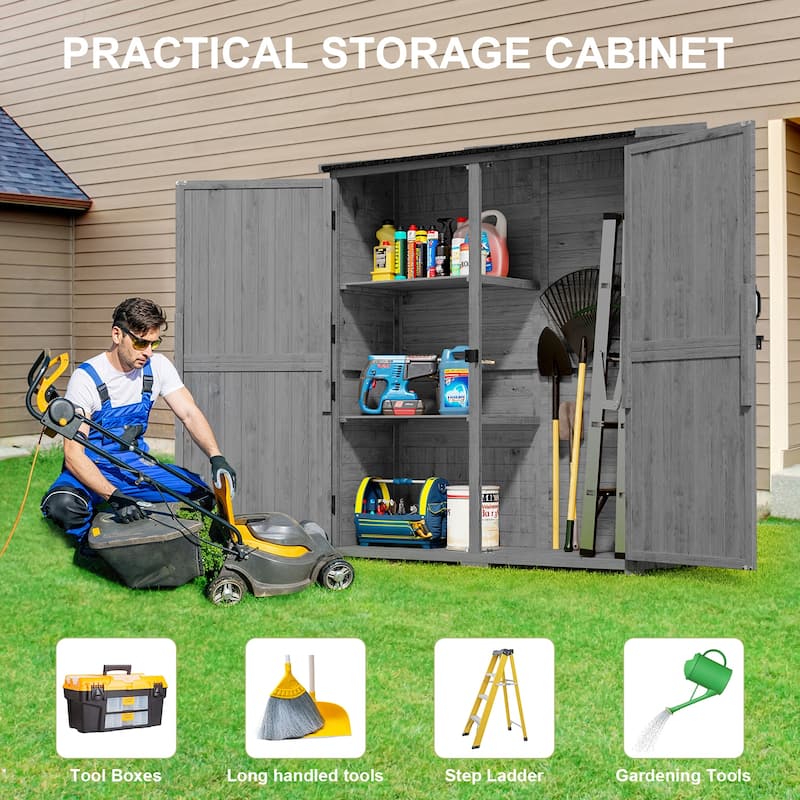 Outdoor Storage Cabinet with 3 Shelves, Wooden Garden Shed with Waterproof Roof