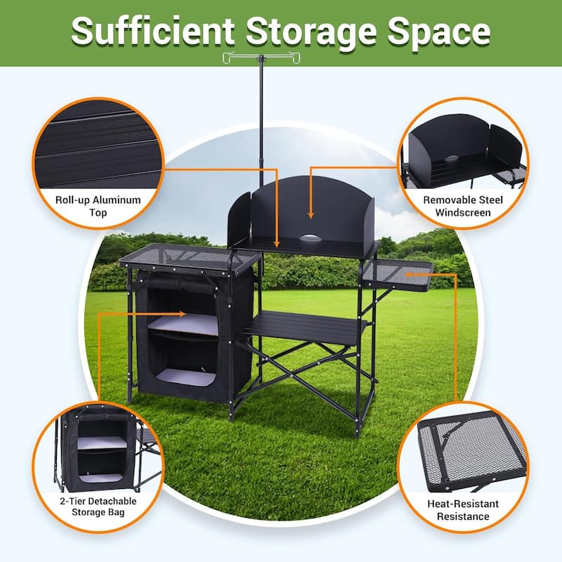 Camping Kitchen Station, Camping Table, Picnic Table, Grill Table Folding Table, Upgrade Light Stand & Windshield Cook Station