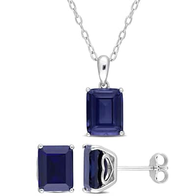 Miadora 8 4/5ct TGW Emerald-Cut & Octagon Created Blue Sapphire Solitaire Necklace & Earrings Set Sterling Silver