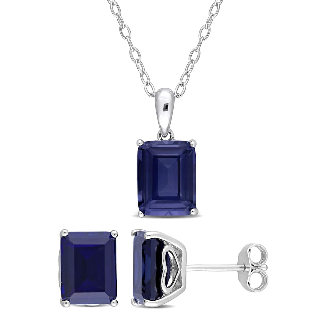 Miadora 8 4/5ct TGW Emerald-Cut & Octagon Created Blue Sapphire Solitaire Necklace & Earrings Set Sterling Silver