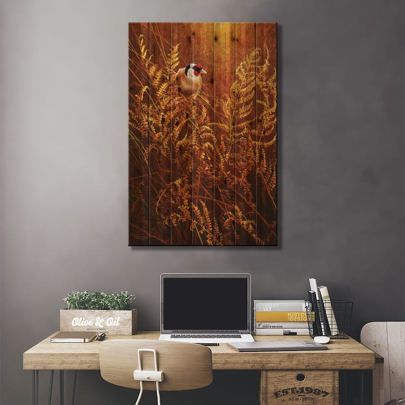 Autumn Ferns - Goldfinch Print On Wood by Jeremy Paul - Multi-Color