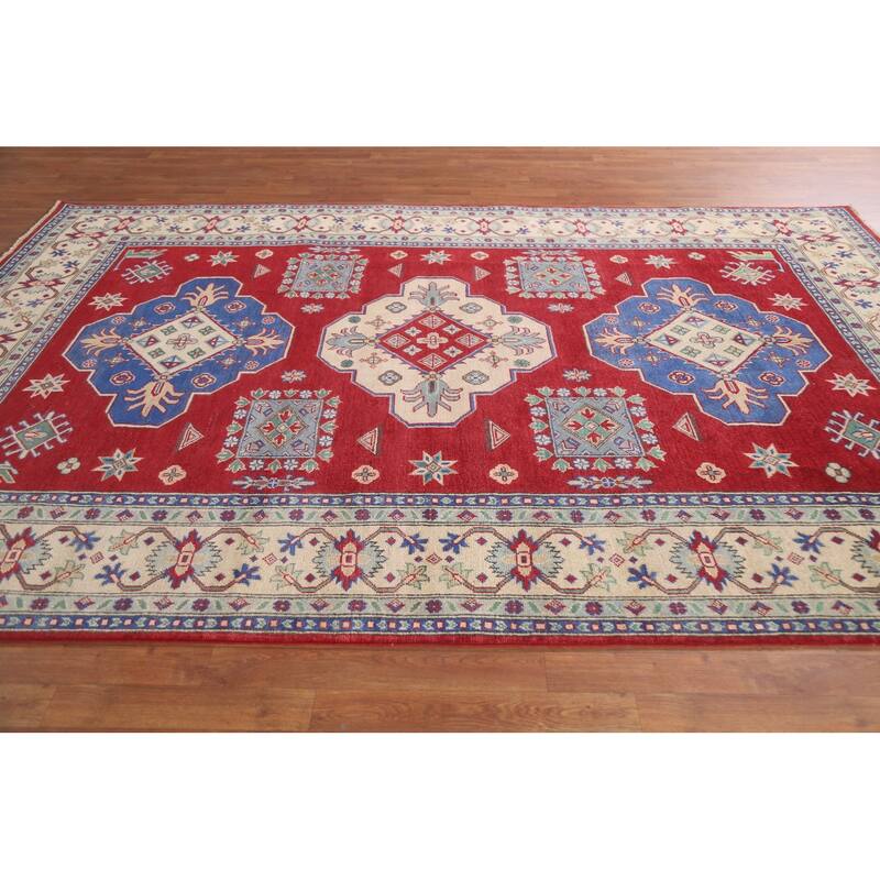 Hand Knotted Oriental 100% Wool Carpet Traditional Geometric Red Kazak Area Rug - 10' 1'' X 6' 10''