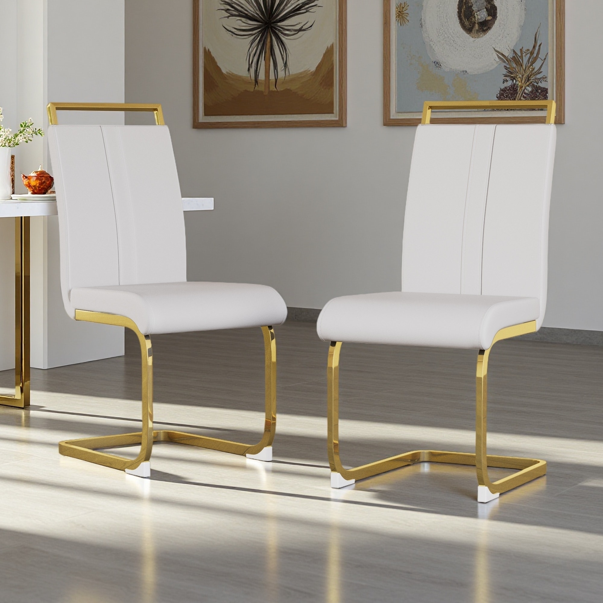 PU Faux Leather High-Back Dining Chairs Set of 2 with C-Shaped Metal Legs and Thick Cushions