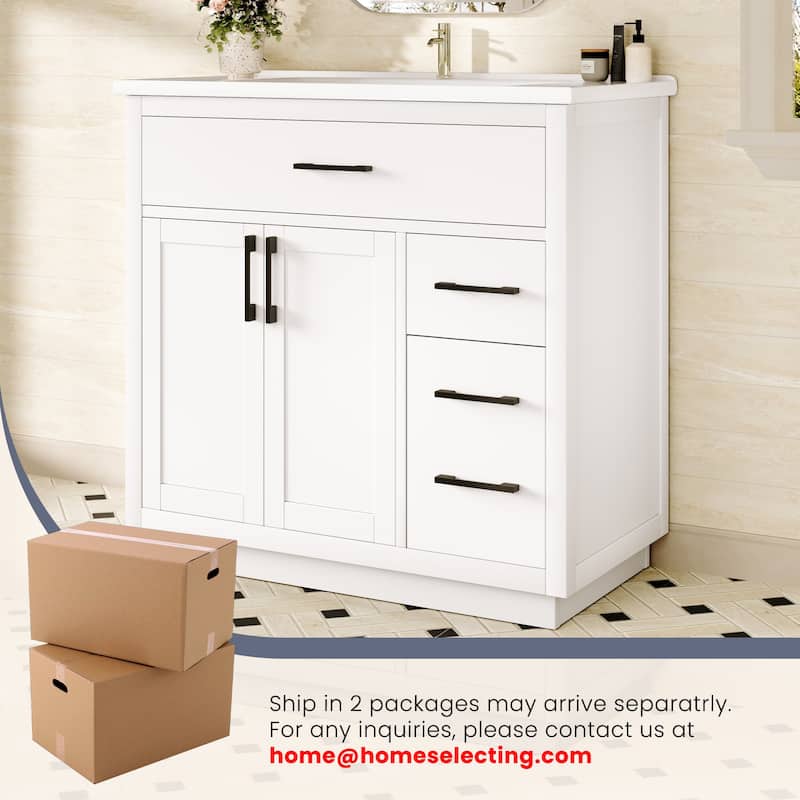 36" Free-Standing Bathroom Vanity with Marble Countertop-Soft-Close Drawers & Cabinet