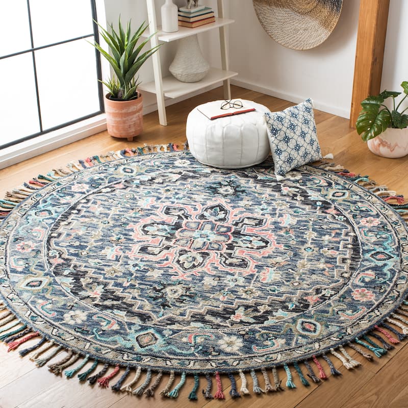 SAFAVIEH Handmade Aspen Catrine Boho Wool Tassel Rug - 7' Round - Pink/Blue