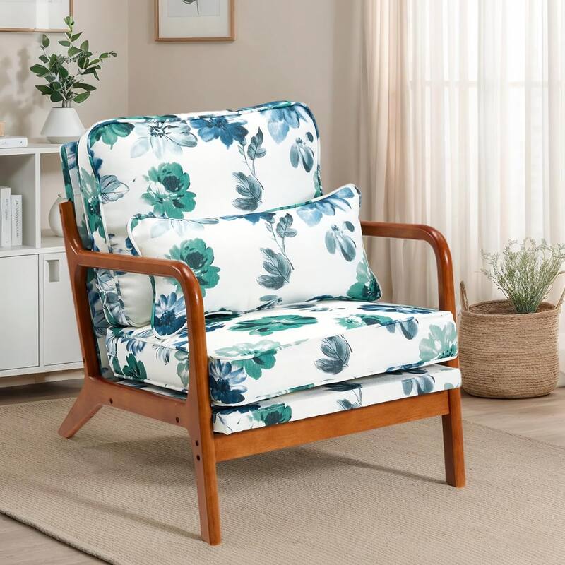 EROMMY Mid Century Modern Accent Chair - Floral Lounge Chair with Solid Rubber Wood Frame, 330lbs Capacity, Green