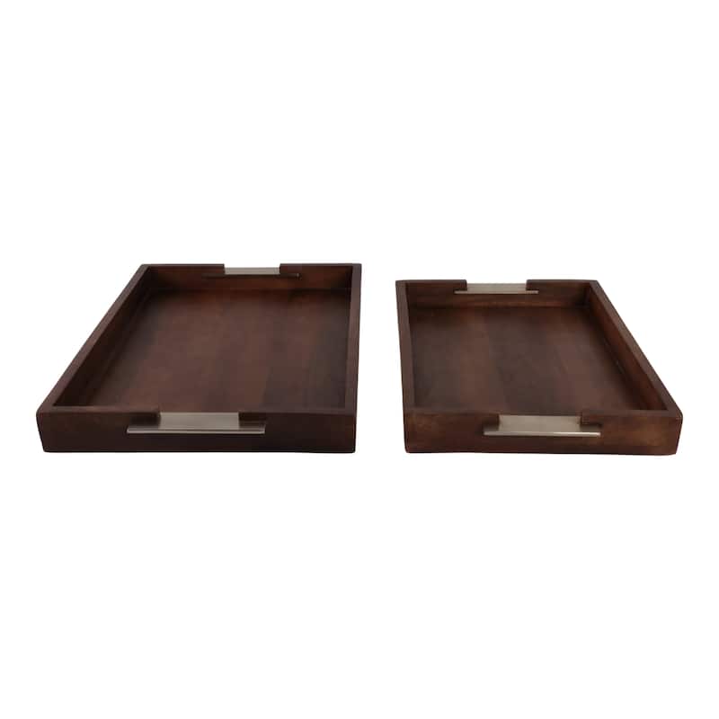 Wood Aluminum Serving Trays with Brass Handles (Set of 2) - 2" Brown - 21.5" x 14" x 2.25"