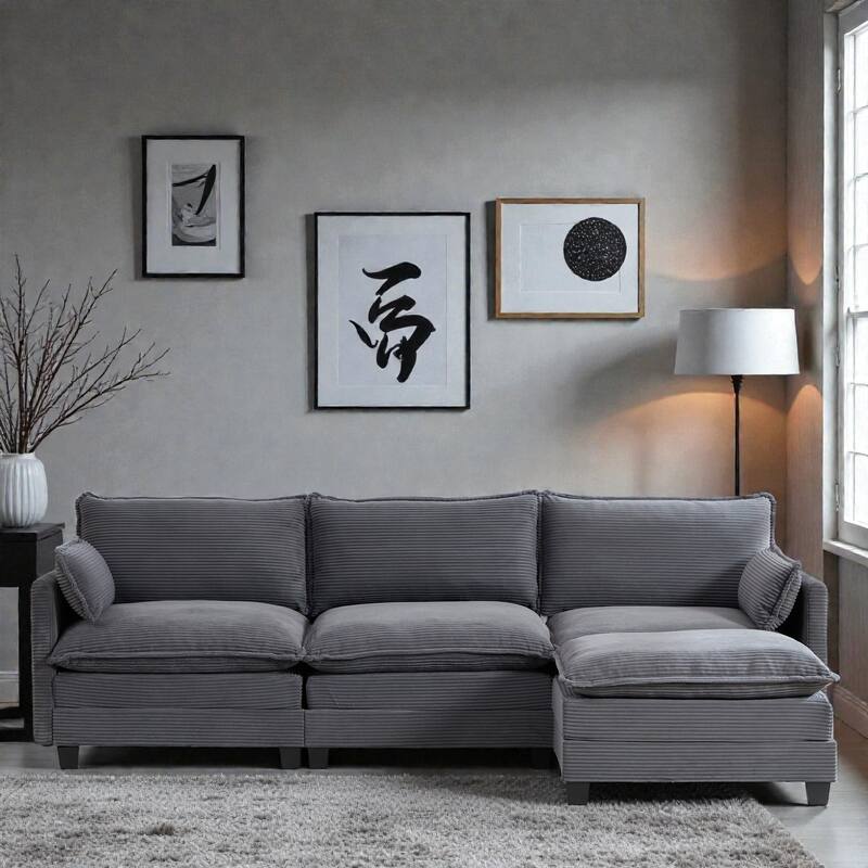 Oversized Modular Sectional Sofa with Ottoman, 102 Inch 4 Seat Corduroy L Shaped Couch for Living Room