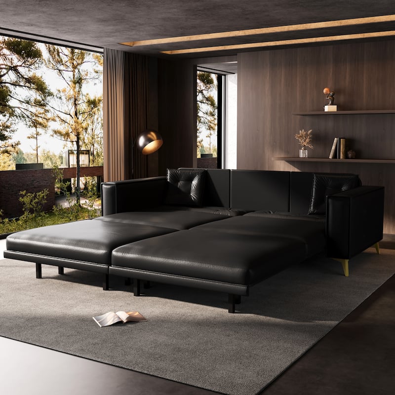 Oversized 3-in-1 Convertible Sofa Bed, 92.1" Faux Leather Square Arms Loveseat, Modern Pull-Out Sleeper Couch with Pillows - Black