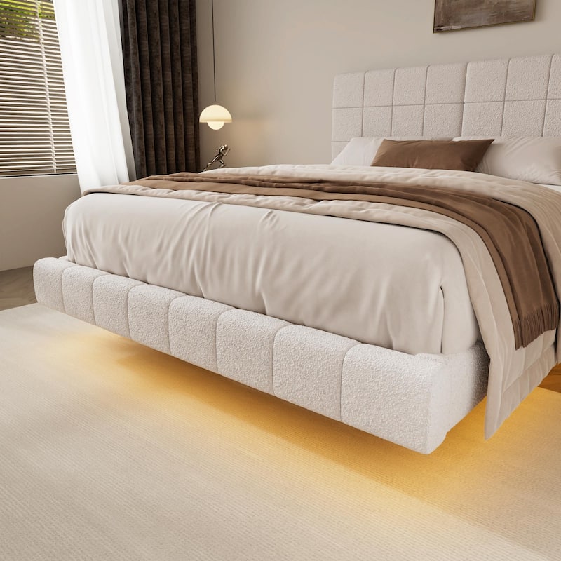 White Bouclé Floating Bed with Ambient Light