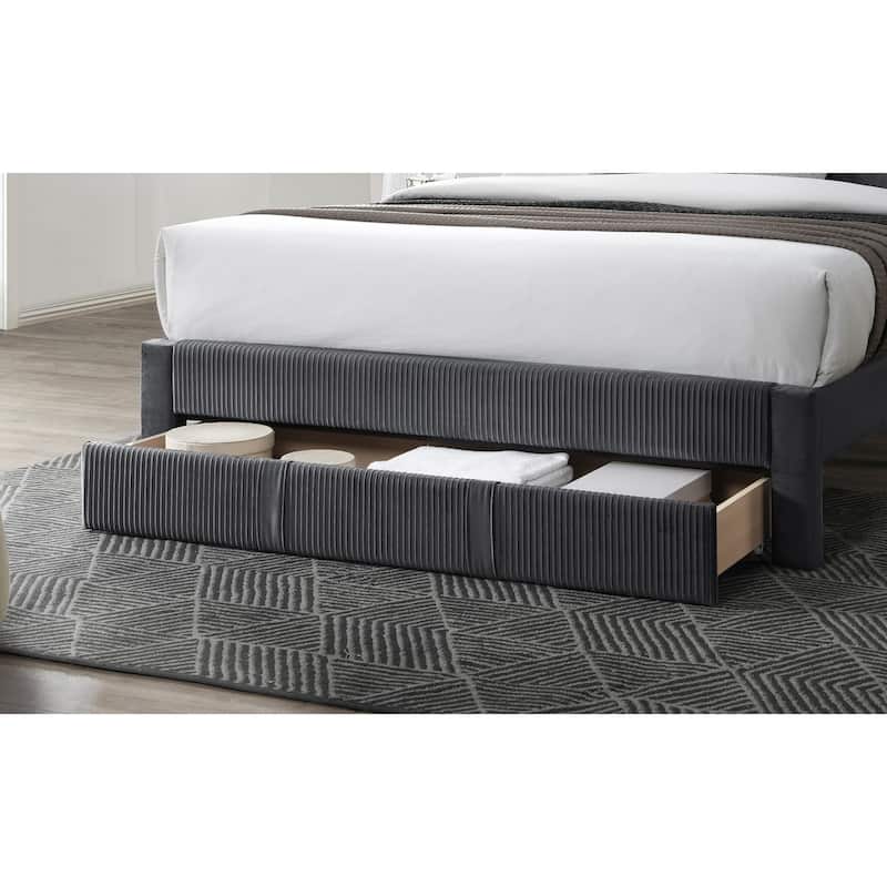 Queen Size Corduroy Platform Bed with Storage Drawer and Channel-Tufted Headboard and Contemporary Design