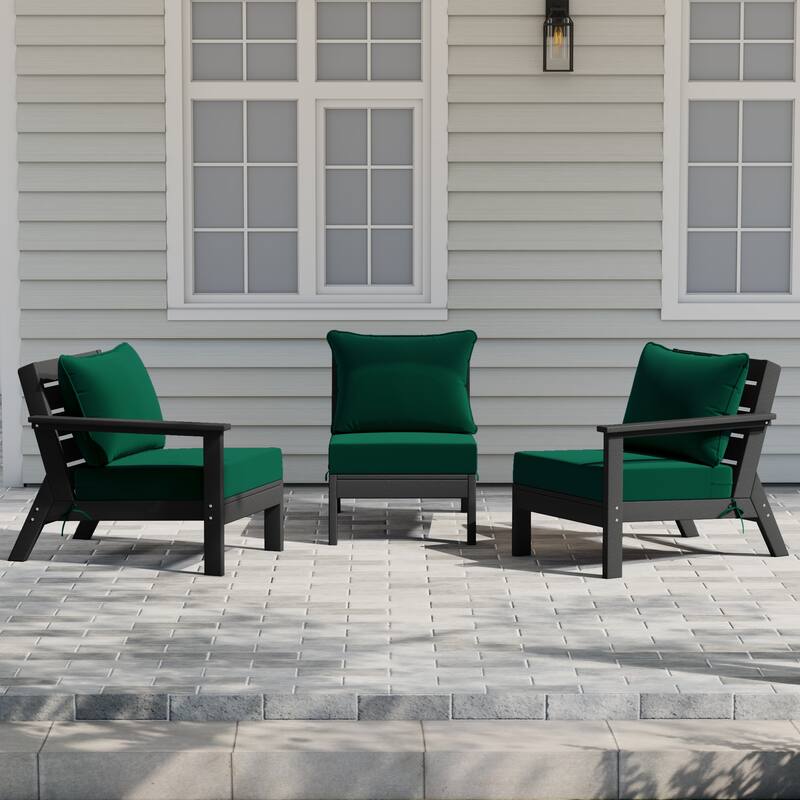 Birchwood All Weather HDPE Outdoor Patio Deep Seating Black Sofa With Cushions (3-Piece) - Black/Green