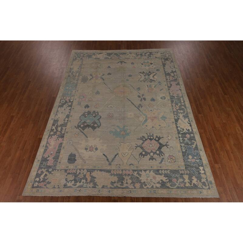 Beige Oushak Turkish Rug Hand-Knotted Oriental Wool Carpet - 8'11"x 11'11"