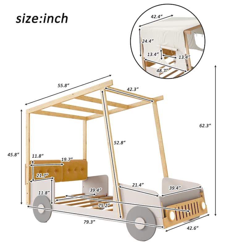 Roomfitters Size Car Canopy Bed, Wood Frame Platform with Upholstered Headboard, Tent Roof Design