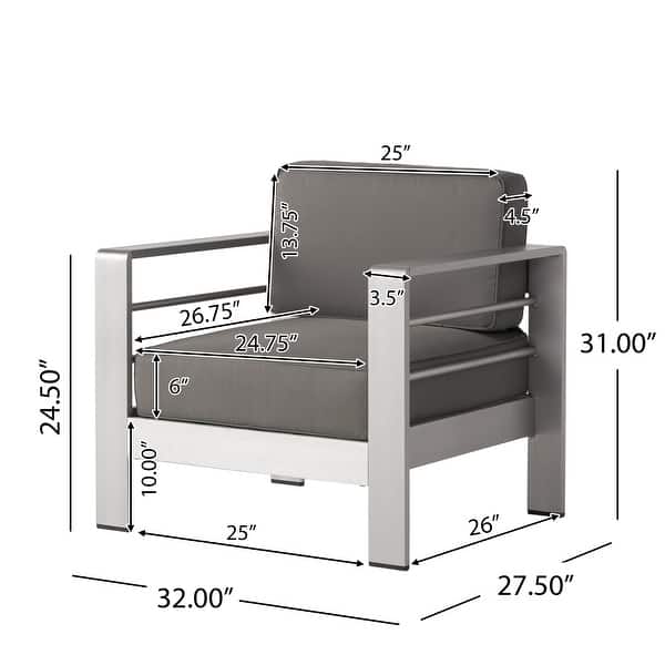 dimension image slide 1 of 3, Christopher Knight Home Cape Coral Outdoor Aluminum Club Chair with Optional Sunbrella Cushions
