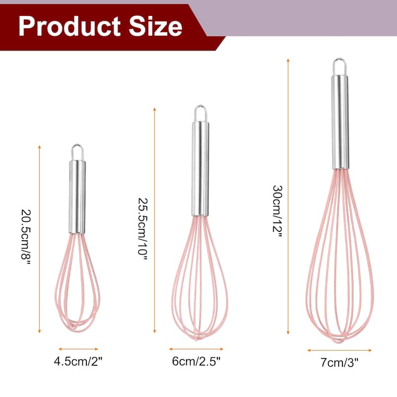 3Pcs Silicone Whisk 8" 10" 12" Kitchen Whisk Wire Whisks Beater - Pink