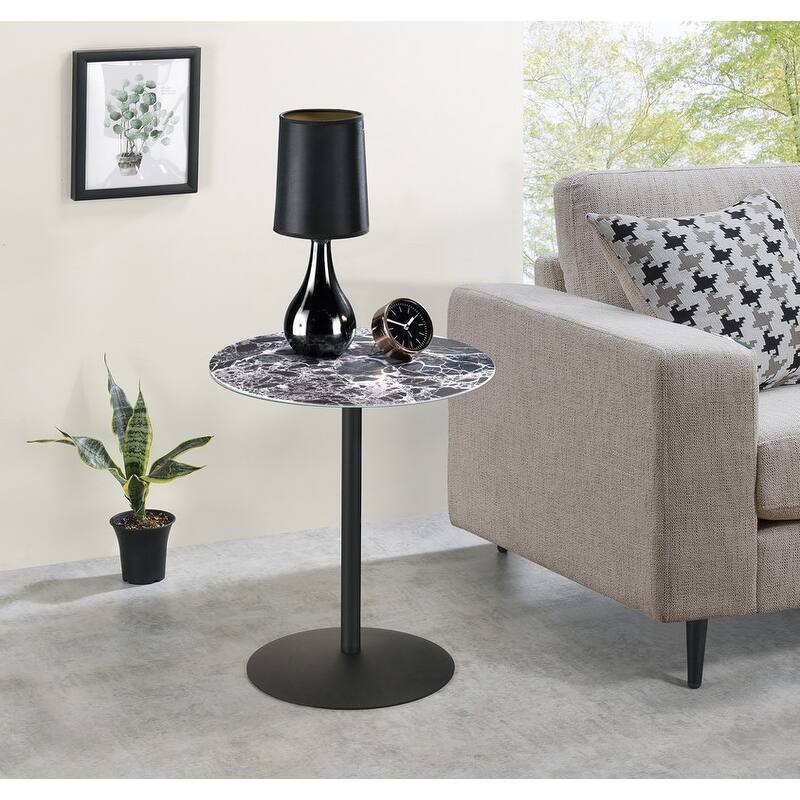 17.5"W End Table with Marble Textured Glass Top and Steel Base Modern Design - Black