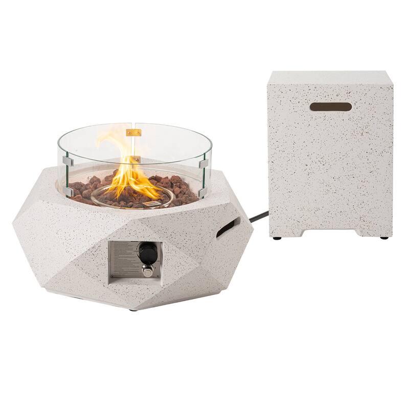 COSIEST Outdoor White Hexagon Fire Pit w Wind Glass, Tank Cover