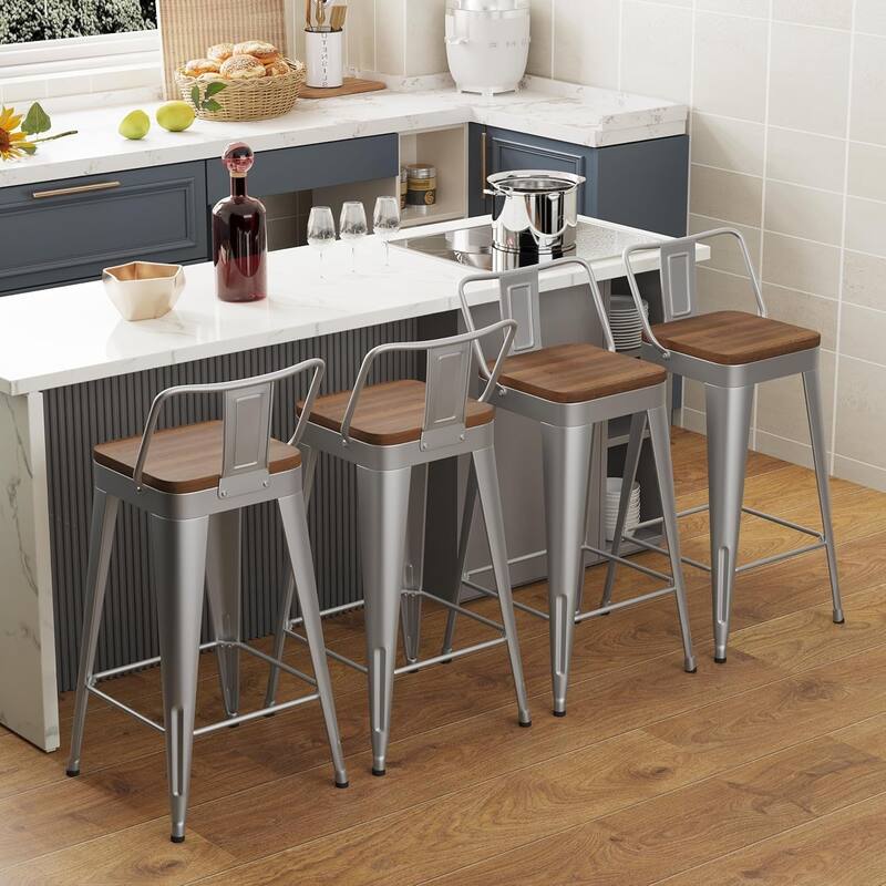 Counter & Bar Stools with Metal Frame Kitchen Stools with Low Back Kitchen Bar Furniture Stools with Square Wooden Seat