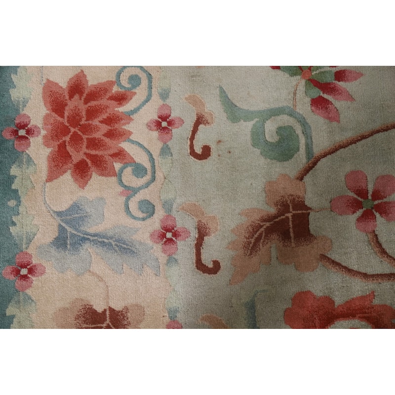 Hand Knotted Oriental 100% Wool Carpet Traditional Floral Green Art Deco Area Rug - 9' 8'' X 7' 11''