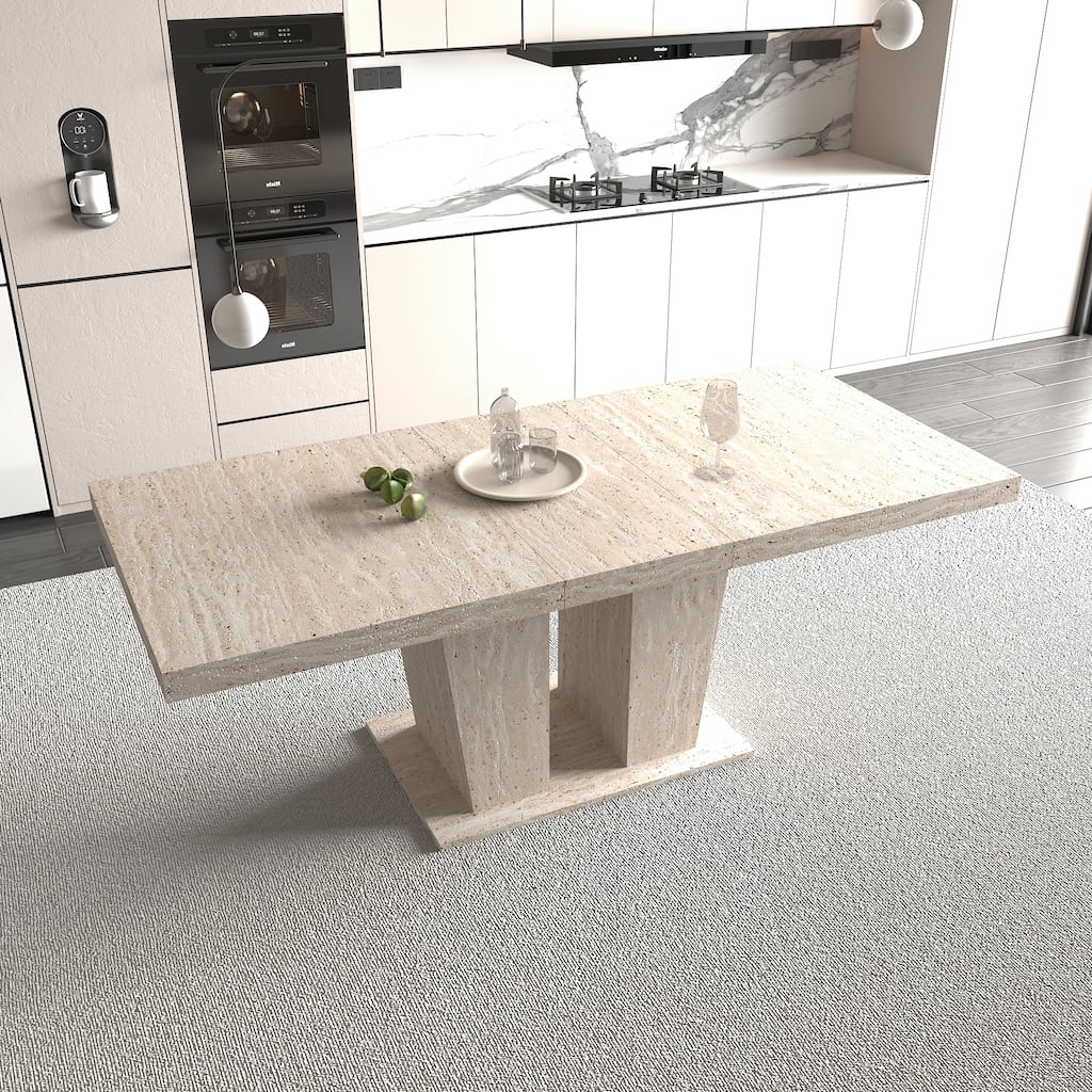 Rectangular Extendable Dining Table, Suitable for 6-10 People, with Veined Travertine Pattern, Dimensions 160-200 cm - Beige