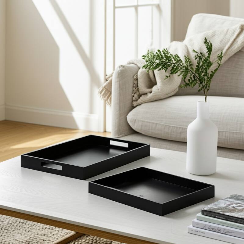 Sagebrook Home Set of 2 Nesting Serving Trays Wood/Glass 14" and 18" Rectangular Black Decorative Trays - 18" x 12" x 2"