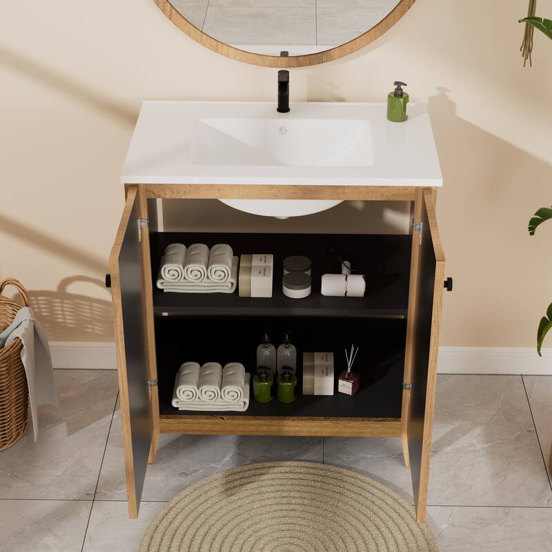 30" Folding Floor Cabinet with Ceramic Sink - Patented 1-Min Install, Space-Saving, American Style