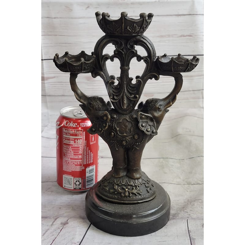 Two Headed Imitative Elephant Candle Holder Bronze Sculpture Marble Base Figurine Statue
