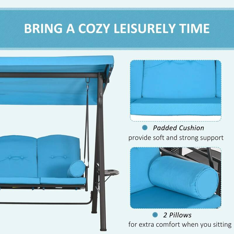 3-Seat Patio Swing Chair, Adjustable Canopy, Side Trays, Comfort Set