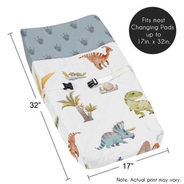 Sweet Jojo Designs Watercolor Dinosaur Dino Boy Changing Pad Cover Green Blue White Modern Nature Jurassic Animal Footprint Tan