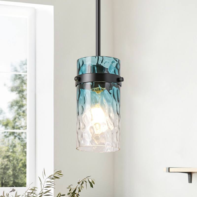 1/3-Light Coastal Matte Black Adjustable Pendant Light with Gradient Blue Hammered Cylinder Glass for Kitchen Island - 4.7 in. W x 7.9 in. H x 4.7 in. D