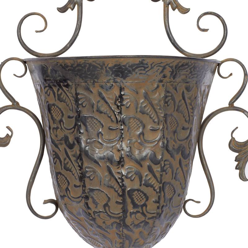 Brown Metal Indoor Outdoor Hanging Vintage Scroll Indoor Outdoor Wall Planter with Vine Accents (Set of 2)
