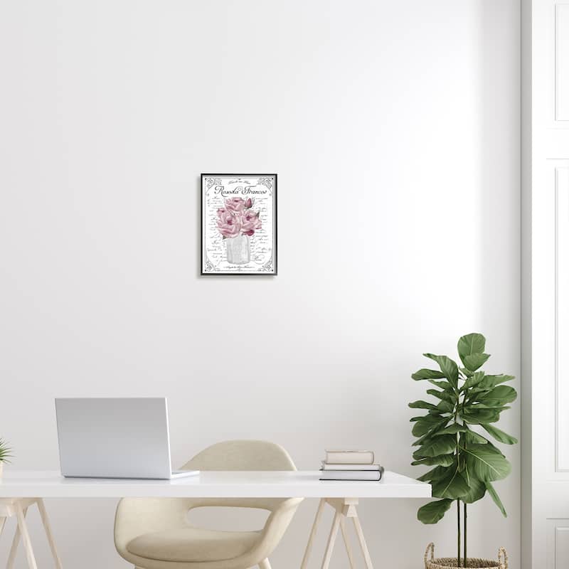 Stupell Pink Roses Bouquet French Words Fancy Script Background Framed Wall Art, Design by Lettered and Lined