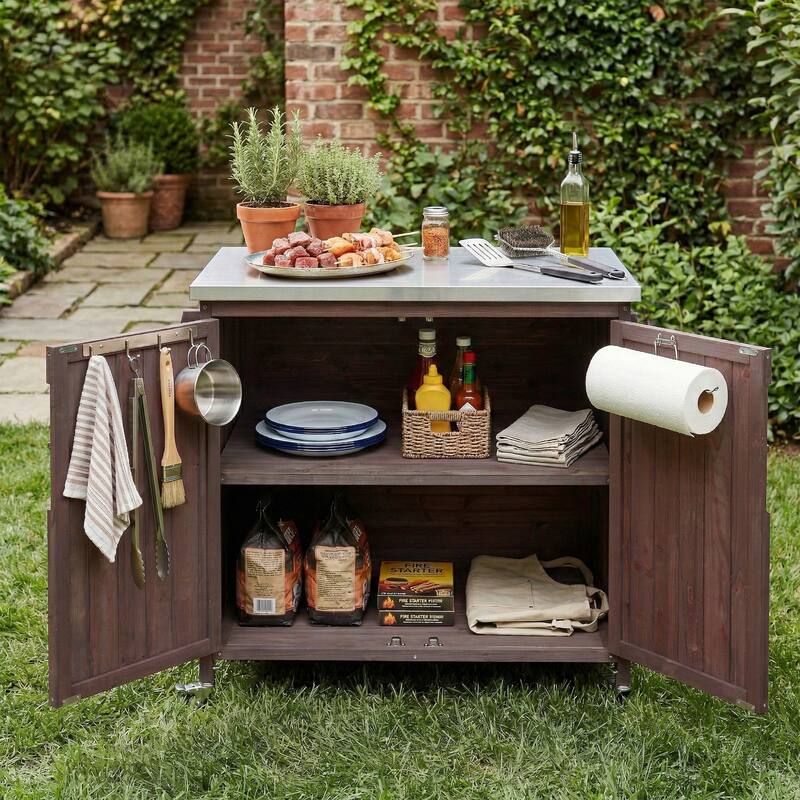 39.4" Outdoor Kitchen Island with Stainless Table Top, One Large Drawer, Adjustable Shelves, Internal Storage Racks & 4 Wheels