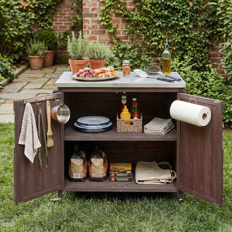42.1" Outdoor Kitchen Island with Side Shelf, with Storage Cabinet, Outdoor Kitchen Cabinet, Adjustable Shelf and 4 Wheels