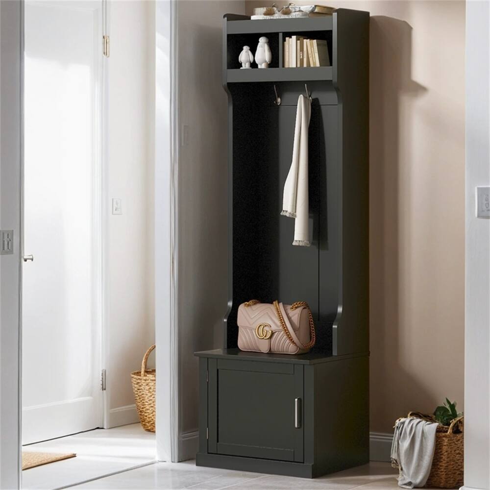Hall Tree with Cabinet & 6 Hanging Hooks,Storage Bench with Coat Rack