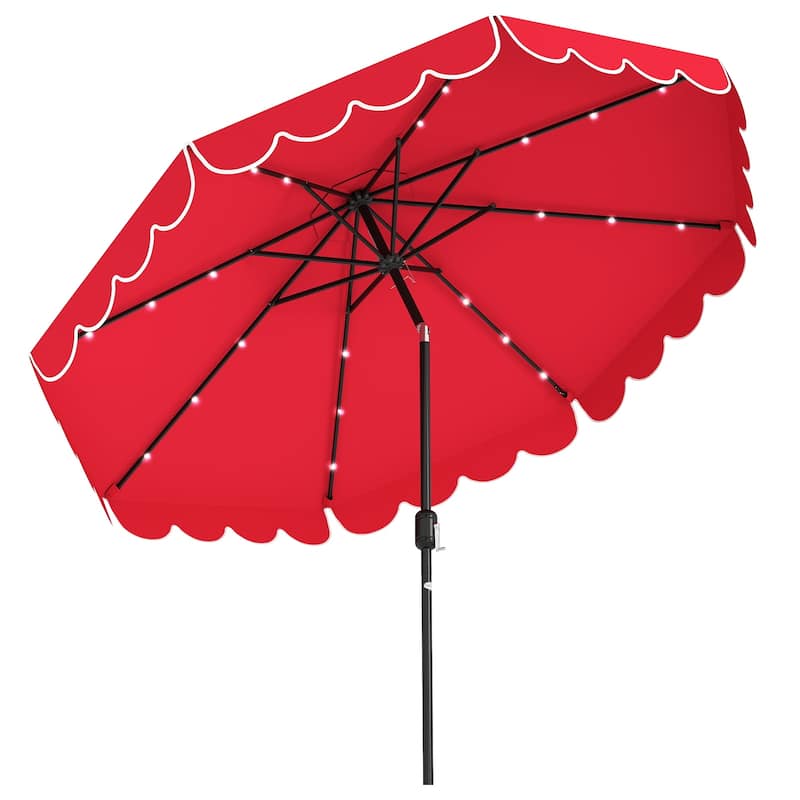 10 Feet Solar Patio Umbrella with LED Lights Push Button Tilt and Crank Handle for Backyard Deck - Red