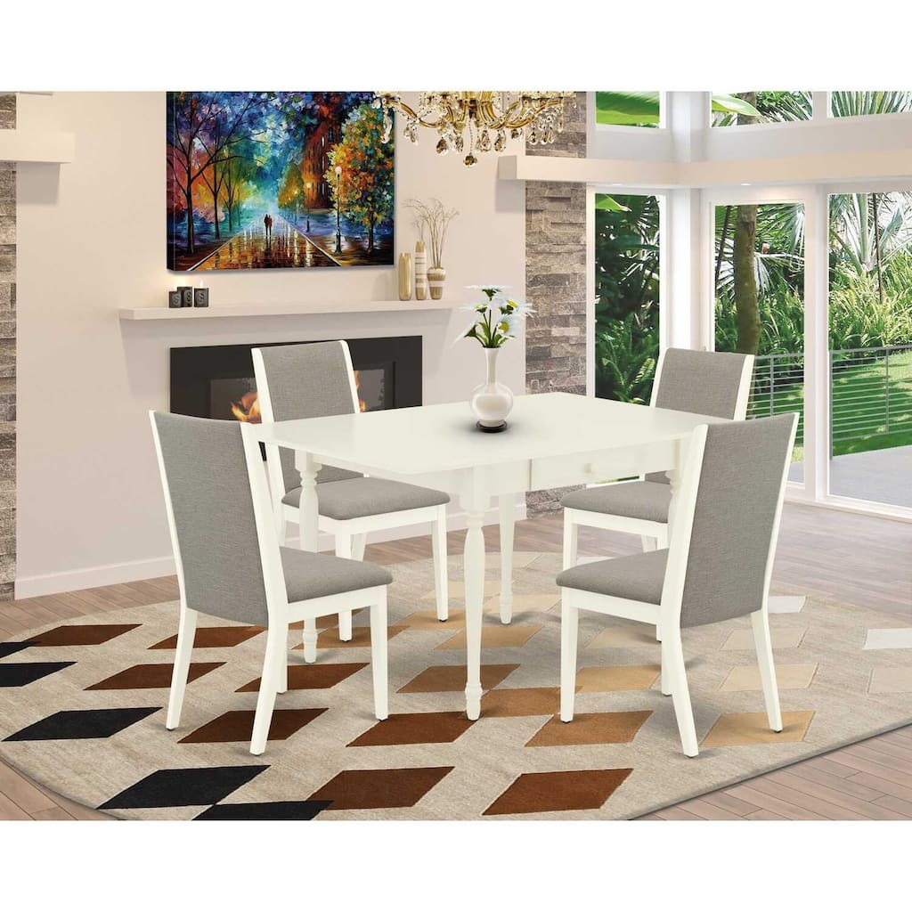 5-Piece Linen White Finish Solid Wood Top - Dining Room Set with Leaf - Seats 4