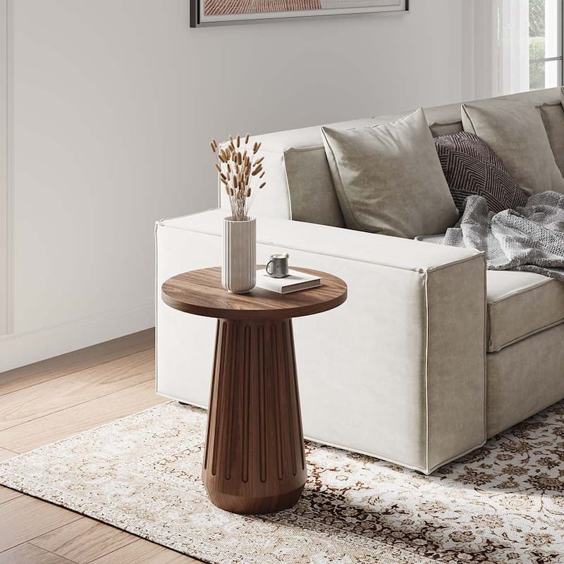 17.71" Modern Minimalist Round Side Table, MDF, Walnut Veneer