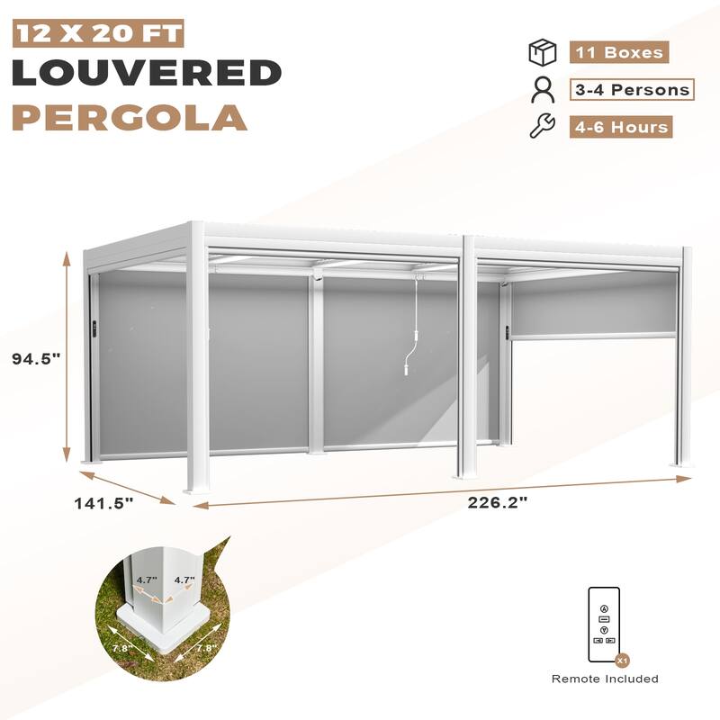 EROMMY Outdoor Louvered Pergola Gazebo with Adjustable Aluminum Rainproof Roof
